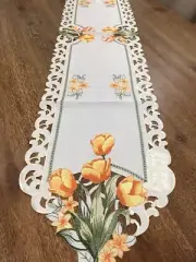 Orange Tulip Embroidered Table Runner Scalloped Spring Floral Cutout Table Linen