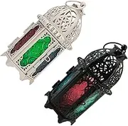 FUNOMOCYA 2pcs Hollow Iron Candle Holder with Colorful Glass Lanterns Wedding Centerpieces for Home Decor Black White Create Warm Atmosphere with Elegant Design