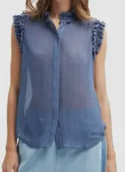 $228 7 For All Mankind Women's Blue Silk Sleeveless Button Up Blouse Top Size XS