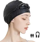 Silicone Swim Cap for Curly Short Medium & Long Hair - Comfortable Bathing Cap for Women Men Kids Boys & Girls with Ear Plugs and Nose Clip