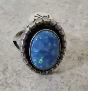 Vintage Native American Sterling Silver Blue Opal Ring Navajo Sz 7.5