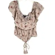 NWT American Eagle Large Ruffle Crop Top Floral Pink Taupe Boho Peasant