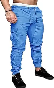 [Generic] Men's Solid Drawstring Comfort Joggers Pants Casual Elastic Waist Cargo Trousers Cotton Baggy Work Hiking Pants