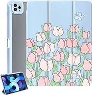 Cartoon Butterfly Tulip iPad Pro 12.9 Inch Case for 2022/2021/2020(6th/5th/4th Gen),Cute Animal iPad Case with Acrylic Back Cover,[Wake/Sleep+2nd Gen Pencil Charging Holder] for Girl Boy Child,Blue