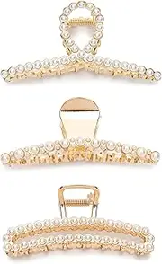 Agirlvct Pearl Hair Clip, Metal Big Hair Claw Clips,Metal Claw Hair Jaw Clips Barrettes,No Slip Claw Clip Hair Clamp Grips for Women Girls (3PCS)