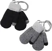 [iNelihoo] 2Pairs Toddler Warm Knitted Mittens with String Winter Thick Thermal Full Finger Gloves Baby Colorful Stretch Magic Glove Fluffy Mitten Hanging Neck Ski Snow Gloves for Boys Girls Ages 0-3 Years