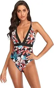 [TEMKIN] Swimming Costume for Women Deep V Neck One Piece Swimsuit Back Cutout Beach Swimwear