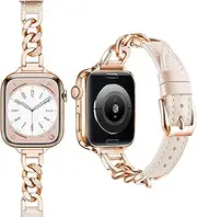 SIBOYL Leather Band fits Apple Watch Bands Woman 46mm 45mm 44mm 49mm (42mm Series 3/2/1), Stainless Steel iWatch Bands for Apple Watch Strap, for Apple Watch Series 10 Se 9 8 7 6 5 4 3 Ultra-Rose Gold