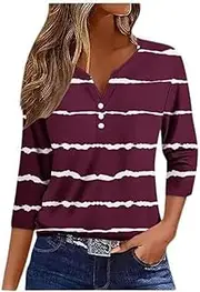[Valtorixia] 3/4 Length Sleeve Women Henley V Neck Tops Casual Length Button Down Shirt Floral Print Blouses Plus Size Trendy Comfy Tees (Color-b-3,Medium)