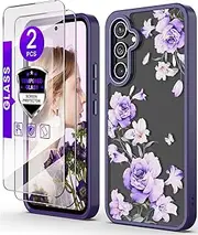 [DagoRoo] for Samsung Galaxy A54 5G Case with Tempered Glass Screen Protector [2 Pack],[Military Grade Protective] Slim Soft TPU & Hard PC,Girls Women Crystal Clear Flower Pattern Cases (Deep Purple)