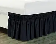 Grand Linen Wrap Around 21 inch Long Fall Black Ruffled Elastic Solid Bed Skirt Fits All Queen, King and Cal King Size Bedding High Thread Count Microfiber Dust Ruffle, Soft & Wrinkle Free