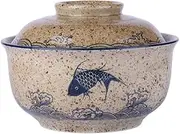 LLPUSLUO 6.5 inch 25OZ Retro Ceramic Ramen Bowl with Lid,Japanese Style Personalized Dinnerware For Noodle Rice Porridge Soup Fruit Sala (6.5inch, A)
