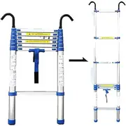 Blue Telescoping Ladder with Detachable Hooks, Long Foldable Aluminium Extension Ladder, Heavy Duty Loft Outdoor Telescopic Ladders (Blue 3.8m/12.5ft) Interesting