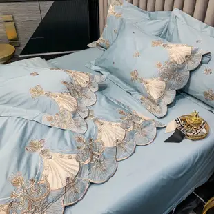 人魚貝殼|歐式高檔長絨棉刺繡床包組 高端120支絲滑細膩 床單被套枕套 雙人床 加大雙人床 復古優雅