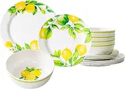 Unbreakable Melamine Fresh Summer Lemon Dinnerware Set - 12 Pieces Bowl And Plates Set, Break Resistant, Lightweight, Dinnerware for Indoors and Outdoors, Dishes for Party Picnic, Multicolor