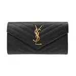 【SAINT LAURENT PARIS】SAINT LAURENT YSL金字LOGO V字縫線 大號 黑色 小牛皮 長夾(372264BOW011000)