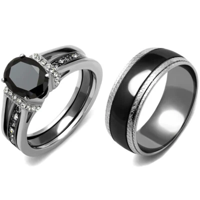 3 PCS Couple Hers Black Oval CZ Stainless Steel 2 Rings Set Mens Matching Band