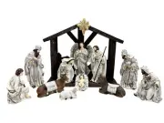 Nativity Set & Stable - 11pcs 200mm Silver Colour Resin Stable & Pieces