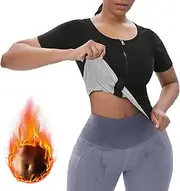 [Bauffs] Women's Sauna Vest Tank Top, Waist Trainer with Zipper, Heat Trapping Sweat Compression Shapewear, Short Sleeve,Gray,S/M