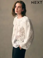 White Volume Sleeve Floral Grid Mesh Blouse (AL1599) | $47