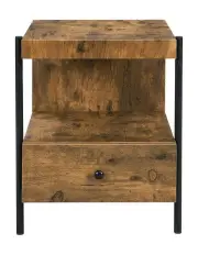 [IHOMDEC] Retro Metal Tube and Wood Side Table with Drawer in Rustic Dark Brown