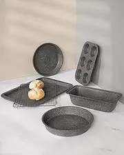 [Oster] Greystone 6-Piece Nonstick Baking Pan Set with Grill - Heavy Duty Carbon Steel Construction and Non-Stick Coating, Tabbed Baking Pan