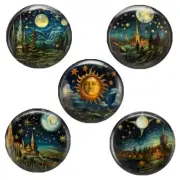 SET OF 5 Fantasy Celestial Magnets Starry Sky Crescent Moon Button Style 1.25"