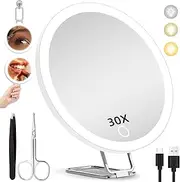 30X Magnifying Mirror With Light, Large 6'' Makeup Mirror, Travel Compact Mirror With High Magnification, 3 Suction Cup & Adjustable Stand