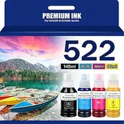YeaImage 522 Ink Refill Bottles for Epson EcoTank ET-2720,ET-2803,ET-2840, ET-2400,ET-4800, ET-4810,ET-4700, Epson EcoTank ET-2800（BK C M Y, 385ml）, YI-522 INK-4P