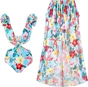 [LUGEZLRJ] Swimsuit Matching Skirt Beachwear Set Swimdress V-Neck One Piece Set Swimsuit with Skirt 2 Piece Bathing Suit