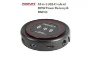 PROMATE All-in-1 USB-C Hub w/ 100W Power Delivery & 10W Qi - Black CENTERHUB.BLK