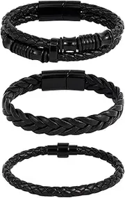[MILAKOO] 3Pcs Braided Leather Bracelets for Men Black Cuff Wristband Alloy Clasp Stackable Bracelets
