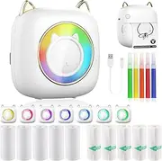 Mini Printer Portable, Bluetooth Pocket Thermal Sticker Printer with 10 Rolls Thermal Paper and Sticker Mini Thermal Printer 5 Pens for iOS & Android Inkless Pocket Printer for Photo Note (White)