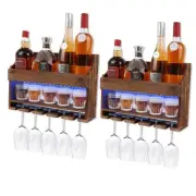 2 Pack Wall Mounted Wine Rack, Wood LED Wine Glass Rack, Bar Shelf, Wine Glass