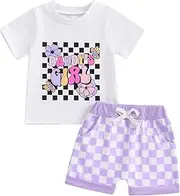[Socutebabe] 2Pcs Set Baby Girl Summer Clothes Mamas Girl Short Sleeve T Shirt Top+Checkerboard Shorts Toddler Outfit Set