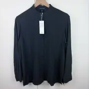Eileen Fisher 100% Silk Georgette Crepe Mandarin Band Collar Shirt Gray NEW XS