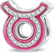 [LIGHTDOG] 925 Sterling Silver Zodiac Signs Charms Fits Pandora Bracelets Constellation Bead Charm for Bracelets Necklace Pink with 5A Cubic Zirconia for Women Birthday Ceremony DIY Jewelry Gift