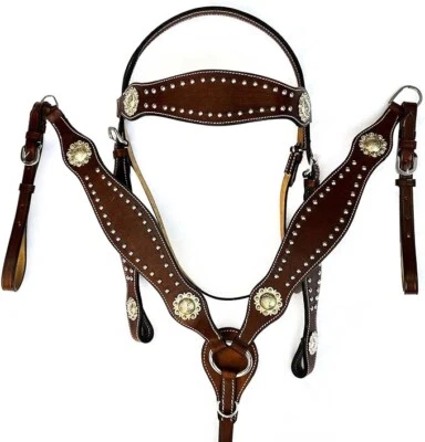 Western Leather Headstall Horse Breast Collar Tack Set for Horse with Studs