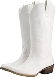 [HISEA] Cowboy Boots for Women Western Cowgirl Boots with Chunky Heel Ladies Snip Toe Mid-Calf Boots