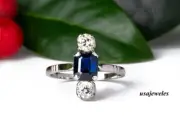 1.54CT Emerald Cut Real Blue Sapphire Engagement Jewelry Ring 14K White Gold FN