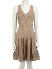 Beige Metallic Textured Knit Mini Dress