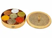 Brass Handmade Masala Box Dabba Spice Container with Embossed Lid 7 Compartments