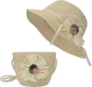 [OhMill] 2Pcs Kids Straw Beach Sunshade Hat with Flower Shoulder Bag Set Breathable Summer Hat for Girls Outdoor