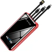 Maxxlee 20000mAh Powerbank Built-in 3 Cables High Capacity Battery Charger for Android iPhone Red