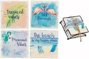 Set 4 Beach Watercolor Scenes Stone Coasters and Holder - 35115