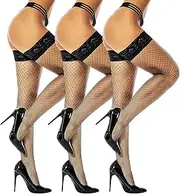 [JarseHera] Seam Back Fishnet Thigh High Stockings Silicone Lace Top Lingerie Stay Up Sheer Nylon Hosiery, Black-1, One Size