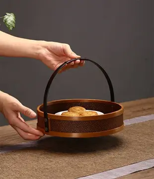 大漆藤編竹編提籃茶具收納盒仿古食盒中秋月餅禮盒籃子圓形茶包裝
