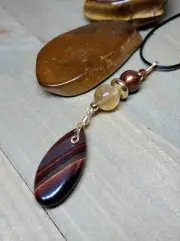 Red Tiger Iron Pendant With Fluorite And Freshwater Pearl Teardrop Gemstone