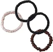 Silk Scrunchie, 100% Pure Mulberry Silk Scrunchie Small Slim Hair Tie for Women Silk Scrunchies for Thin Thick Curly Hair Luxurious Elastic Scrunchies Set (4 Scrunchies, 2black+1Coffee+1Beige)