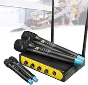 Dual Wireless Mics,4-Channel Handheld Wireless Mic,with 4 Handheld Dynamic Microphones,Built-in Reverb Function,30m Long Distance Reception,Supports Smart Tv,Home Theater,Sound Bar